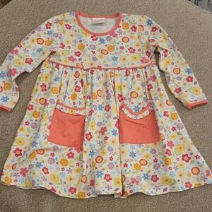 Girls Floral Long-Sleeve Dress with Coral Pockets